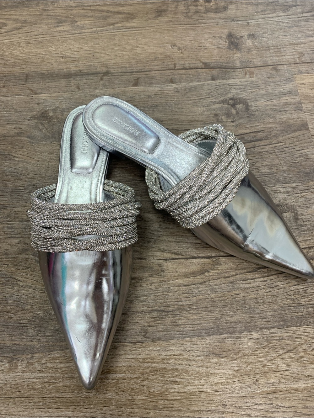 Jonathan Simkhai Metallic Silver Pointed-Toe Mules with Braided Strap Size 39